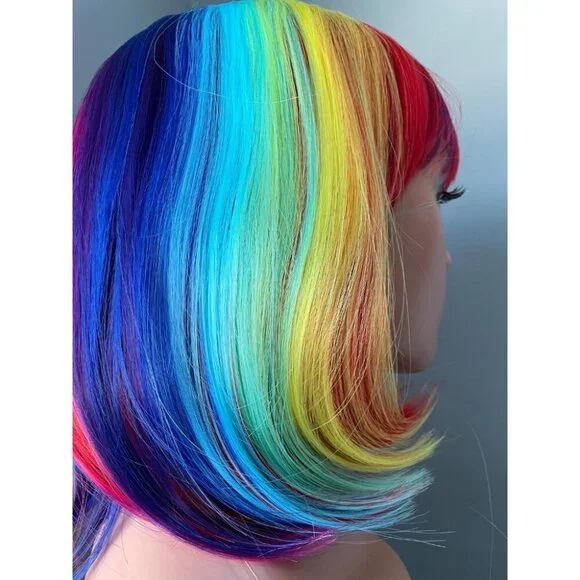 Rainbow Wig Short Wig Bright Colourful Clown Wig with Bangs 10 inch Bob Wig - Picture 8 of 9
